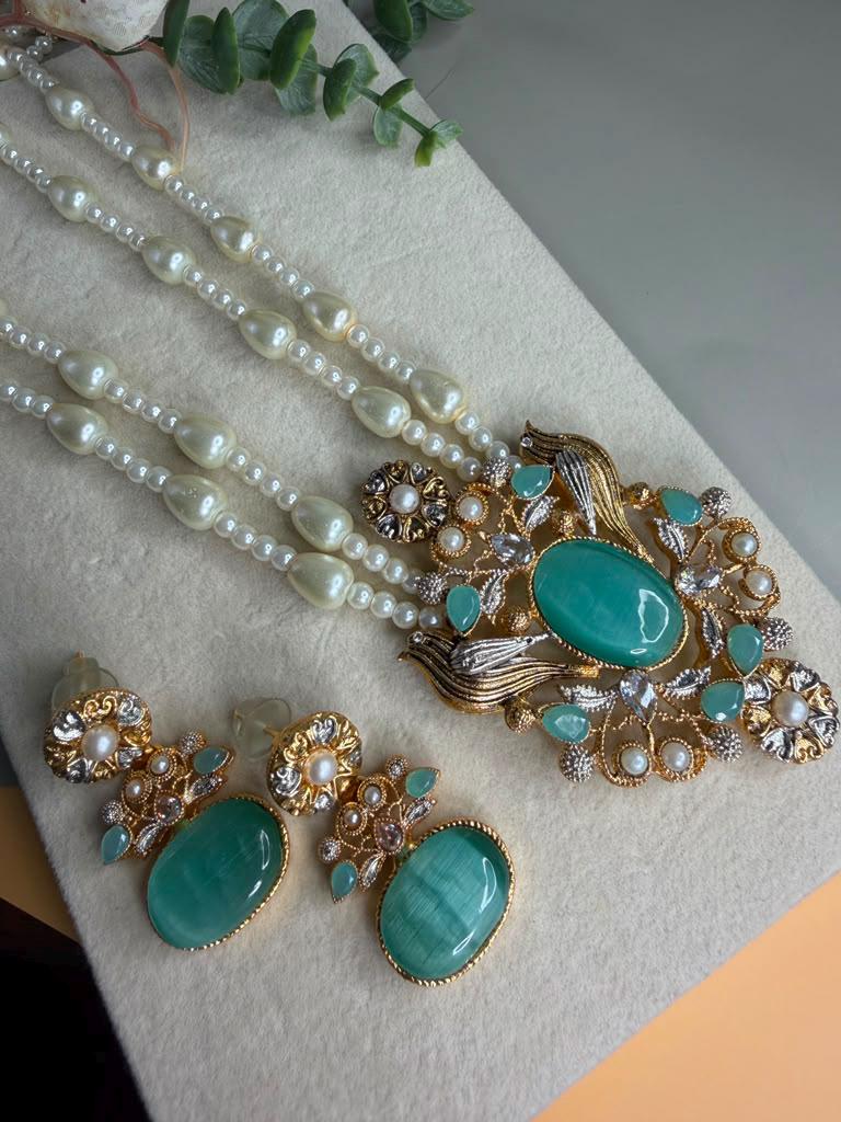 Mint Green Pendant Pearl Necklace Set, Long Layered Wedding Jewelry, Pakistani Indian Statement Necklace