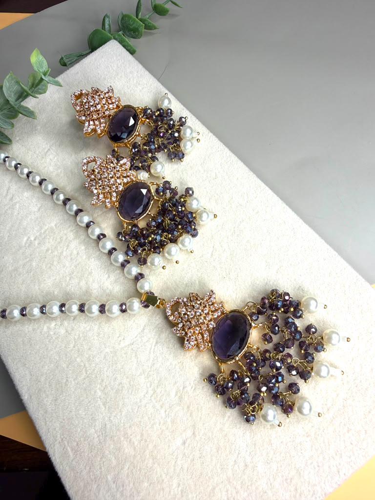 Purple Pearl Tassel Necklace , Amethyst Statement Jewelry, Pakistani Indian Wedding Necklace Set