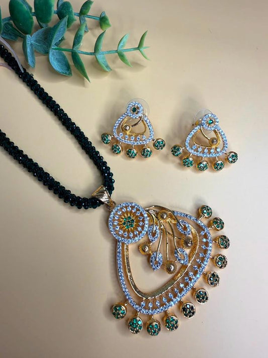 Black Beaded Statement Pendant Necklace Set, Emerald Green Crystal Jewelry, Pakistani Indian Party Wear