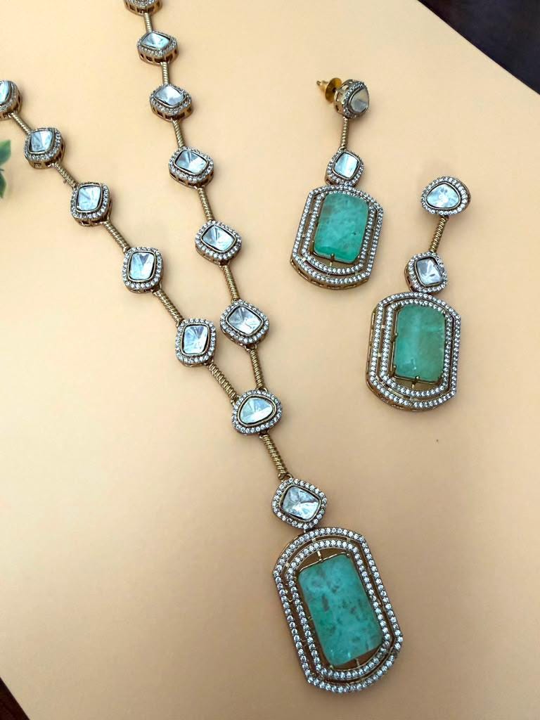Mint Green Art Deco Pendant Necklace Set, Long Geometric Statement Jewelry, Vintage Inspired