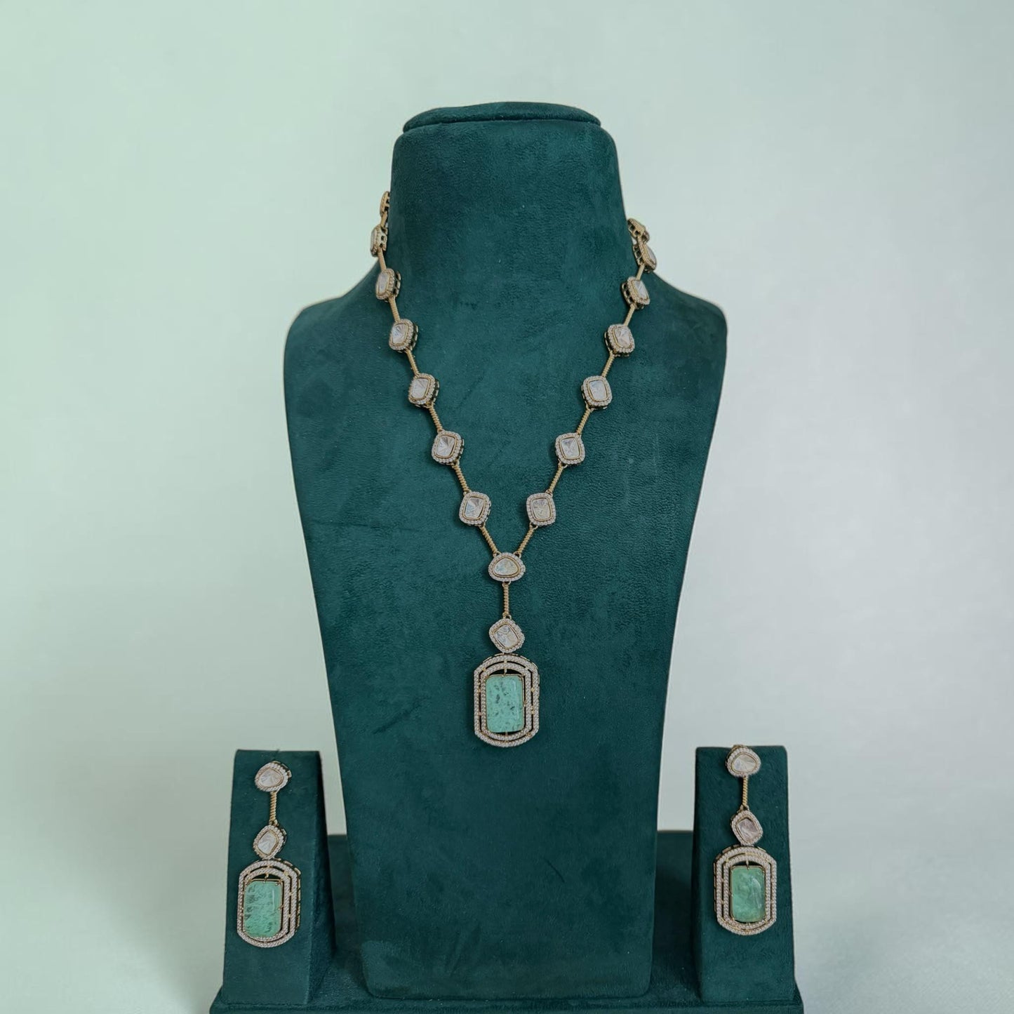 Mint Green Art Deco Pendant Necklace Set, Long Geometric Statement Jewelry, Vintage Inspired
