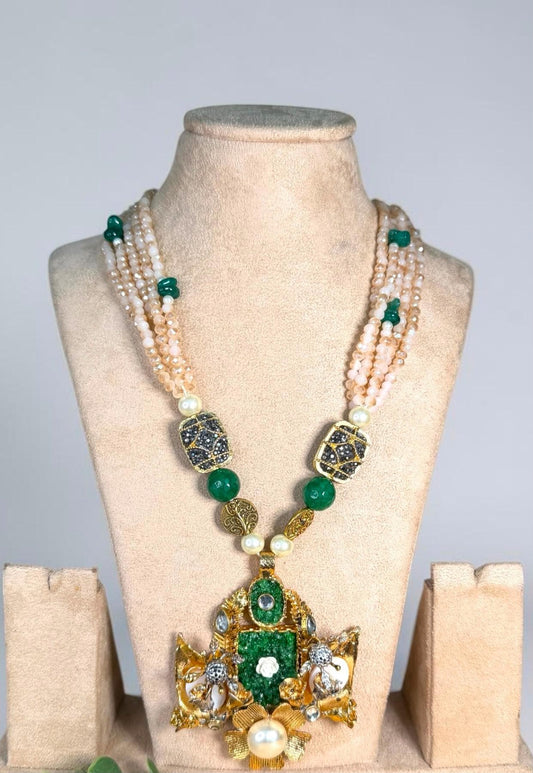 Emerald Maximalist Pendant Necklace, Layered Peach Beaded Statement Jewelry, Artistic Vintage Necklace