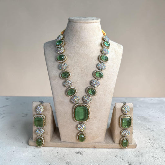 Emerald Crystal Statement Necklace Set, Long Green Wedding Jewelry, Vintage Inspired Pakistani Indian Set