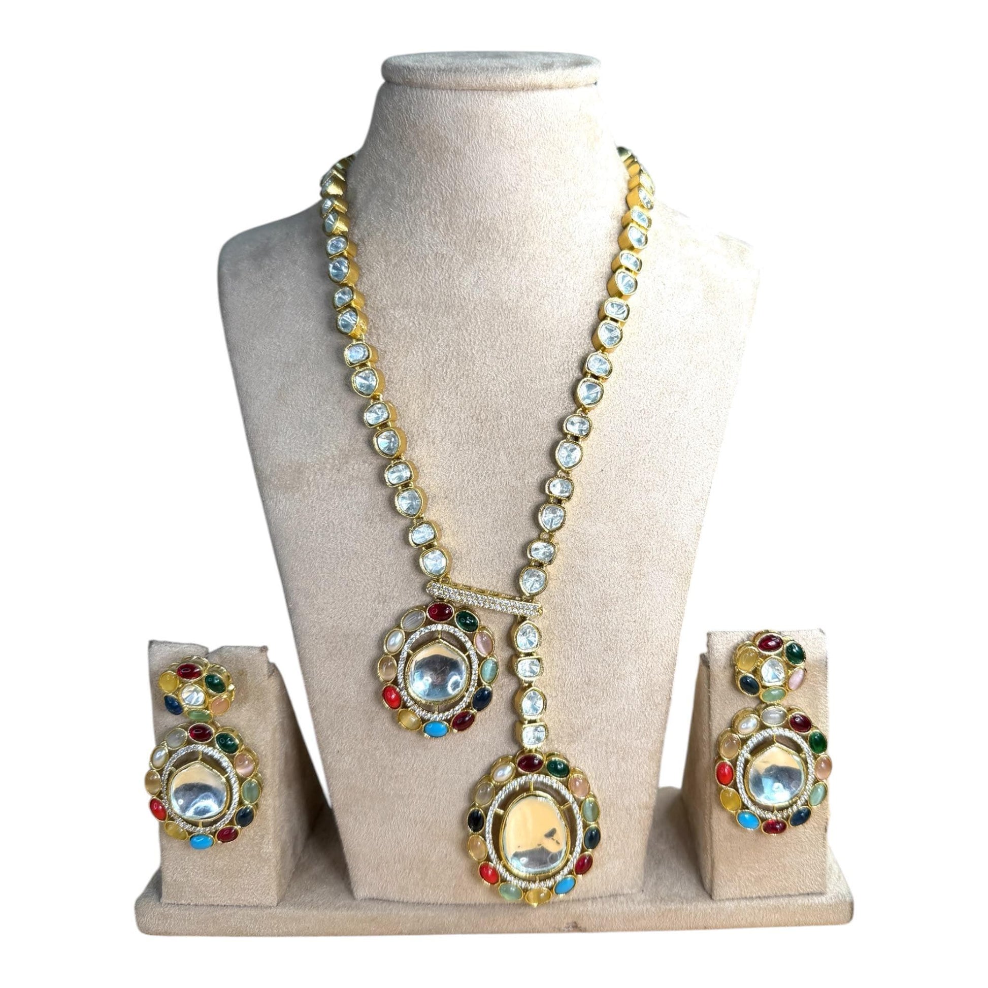 Navratna Kundan Long Necklace, Multicolor Statement Jewelry Set, Indian Pakistani Festive Necklace