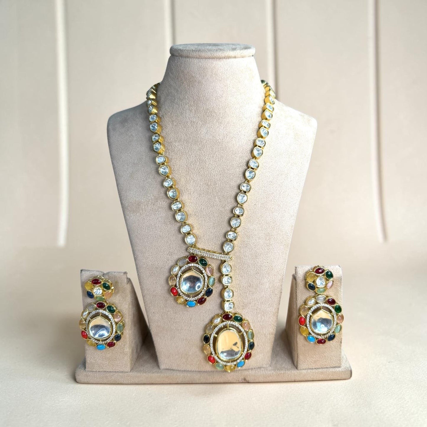 Navratna Kundan Long Necklace, Multicolor Statement Jewelry Set, Indian Pakistani Festive Necklace