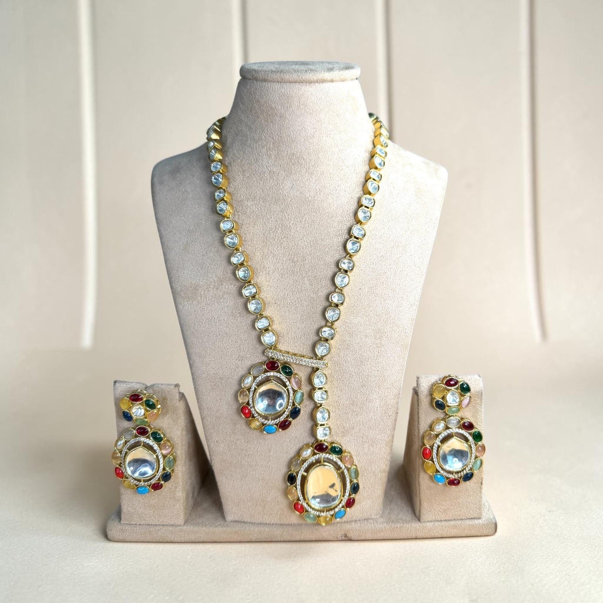 Navratna Kundan Long Necklace, Multicolor Statement Jewelry Set, Indian Pakistani Festive Necklace