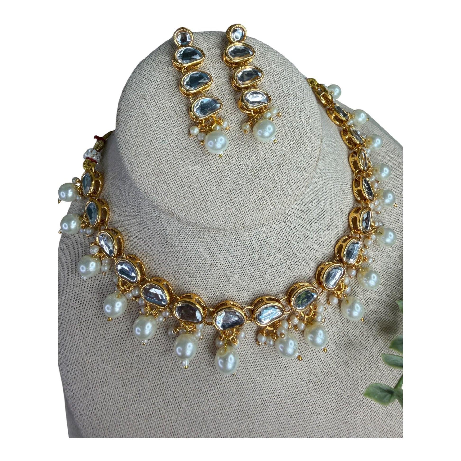 Pearl Drop Kundan Choker Set, Gold Statement Necklace with Earrings, and tikka Indian Pakistani Bridal Jewelry