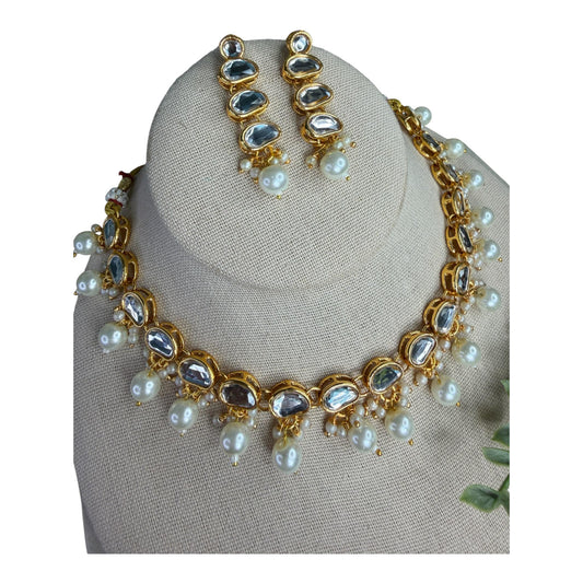 Pearl Drop Kundan Choker Set, Gold Statement Necklace with Earrings, and tikka Indian Pakistani Bridal Jewelry