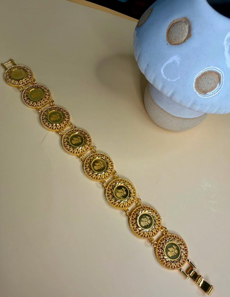 Vintage Green Medallion Bracelet, Gold Statement Link Bracelet, Artisan Boho Cuff Jewelry for Women