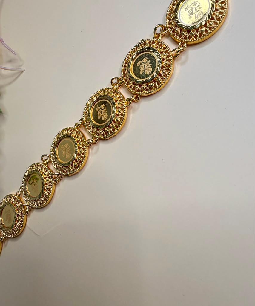 Vintage Green Medallion Bracelet, Gold Statement Link Bracelet, Artisan Boho Cuff Jewelry for Women