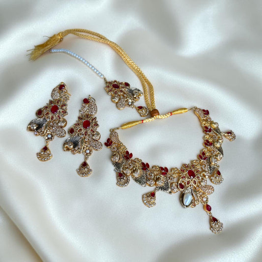 Ruby Bridal Choker Set with Tikka, Red Kundan Necklace Set, Indian Pakistani Wedding Jewelry