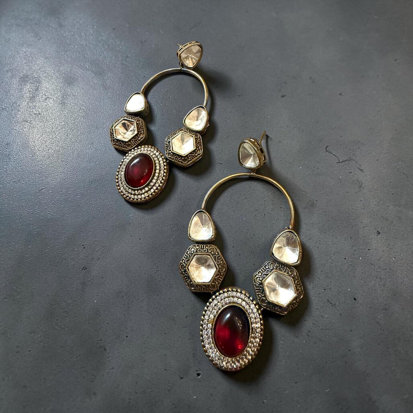 Ruby Crystal Hoop Earrings, Statement Drop Earrings for Women, Vintage Gold Evening Jewelry