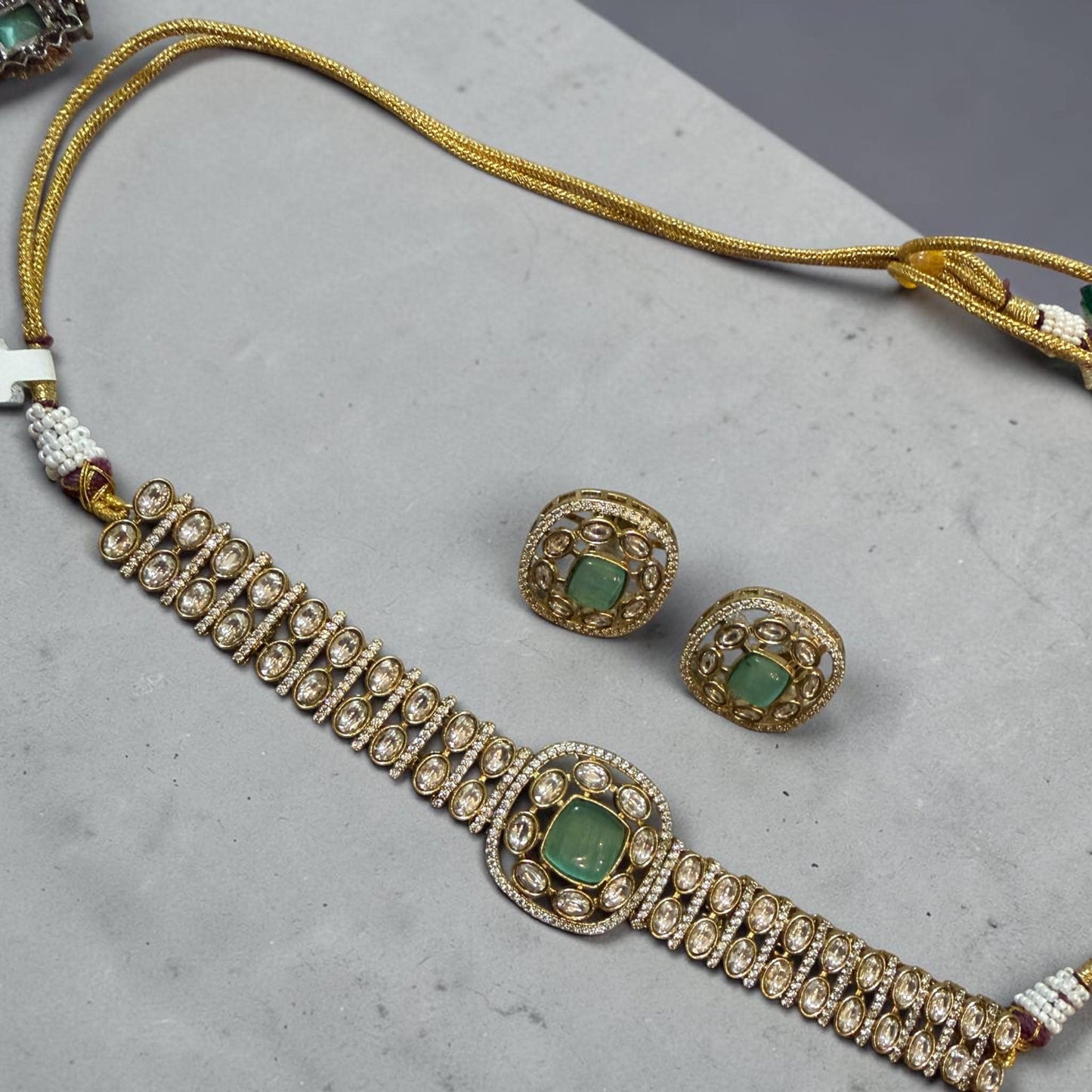 Mint Green Choker Set, Indian Bridal Jewelry Set, Gold Statement Necklace