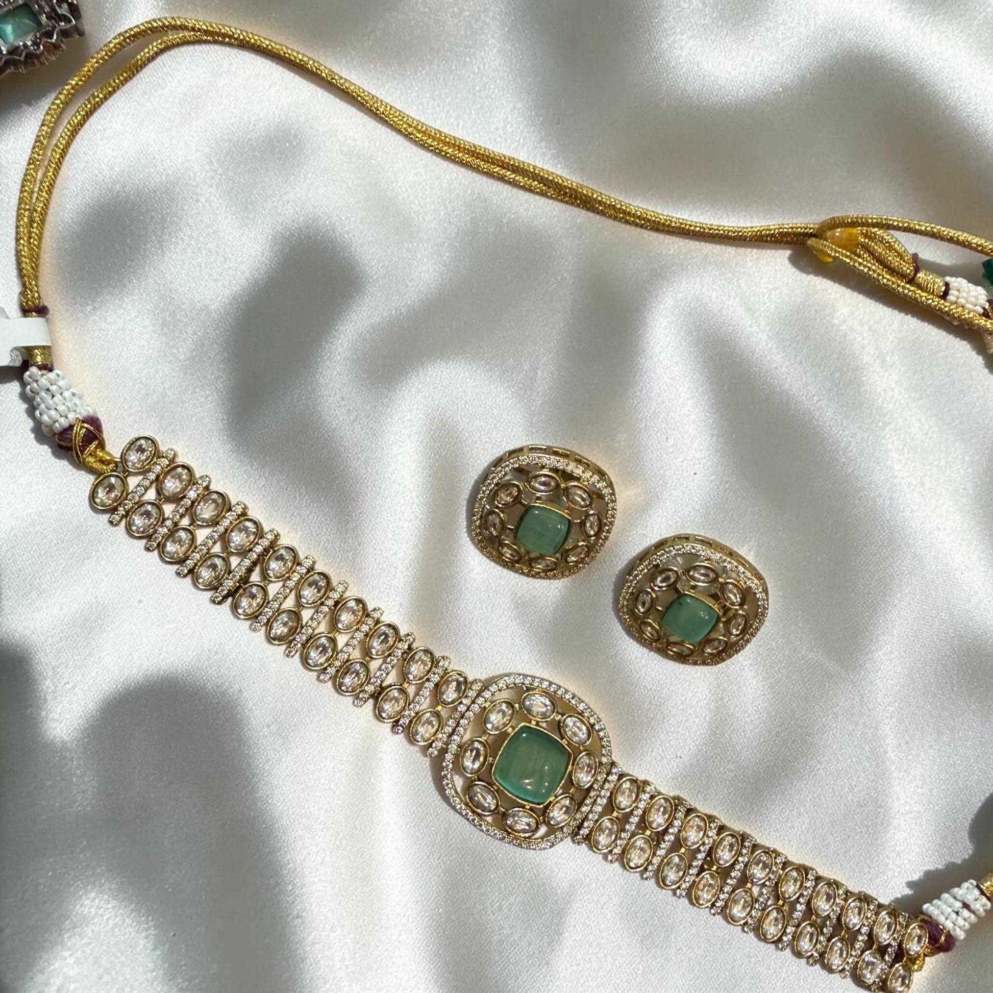 Mint Green Choker Set, Indian Bridal Jewelry Set, Gold Statement Necklace