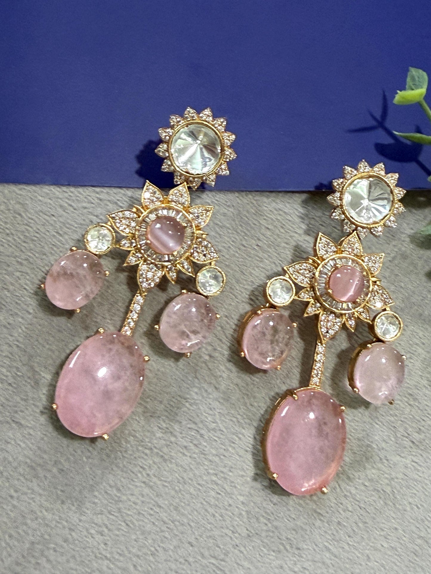 Blue Stone Statement Earrings Gold Tone Drop Earrings