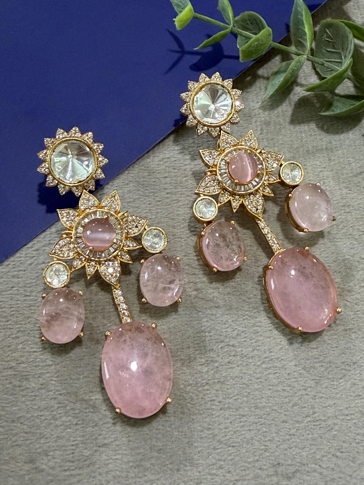 Blue Stone Statement Earrings Gold Tone Drop Earrings