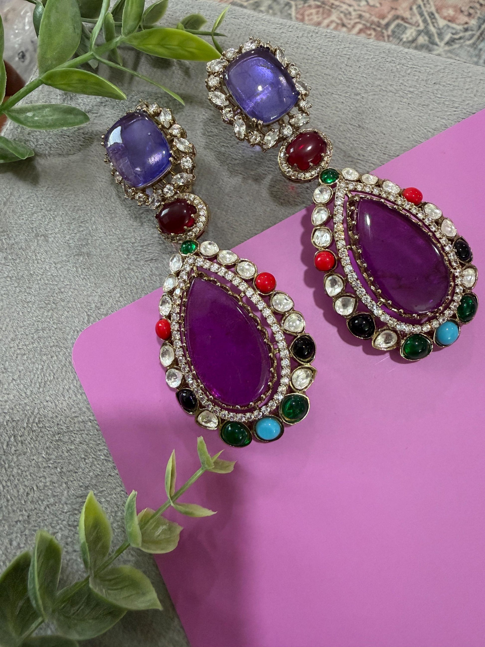 Multi Gemstone Statement Drop Earrings, Gold Plated Luxury Jewelry