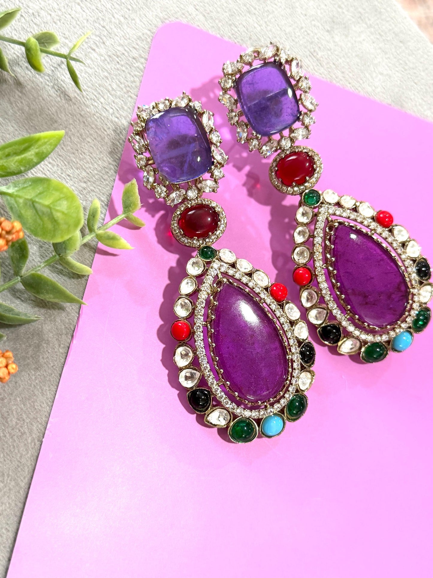 Multi Gemstone Statement Drop Earrings, Gold Plated Luxury Jewelry