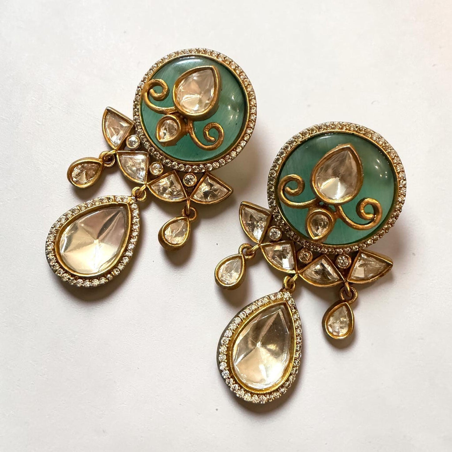 Mint Green monzonite Statement Earrings, Indian Drop Earrings, Gold Ethnic Earrings.