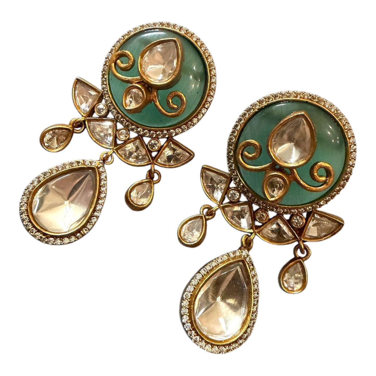 Mint Green monzonite Statement Earrings, Indian Drop Earrings, Gold Ethnic Earrings.