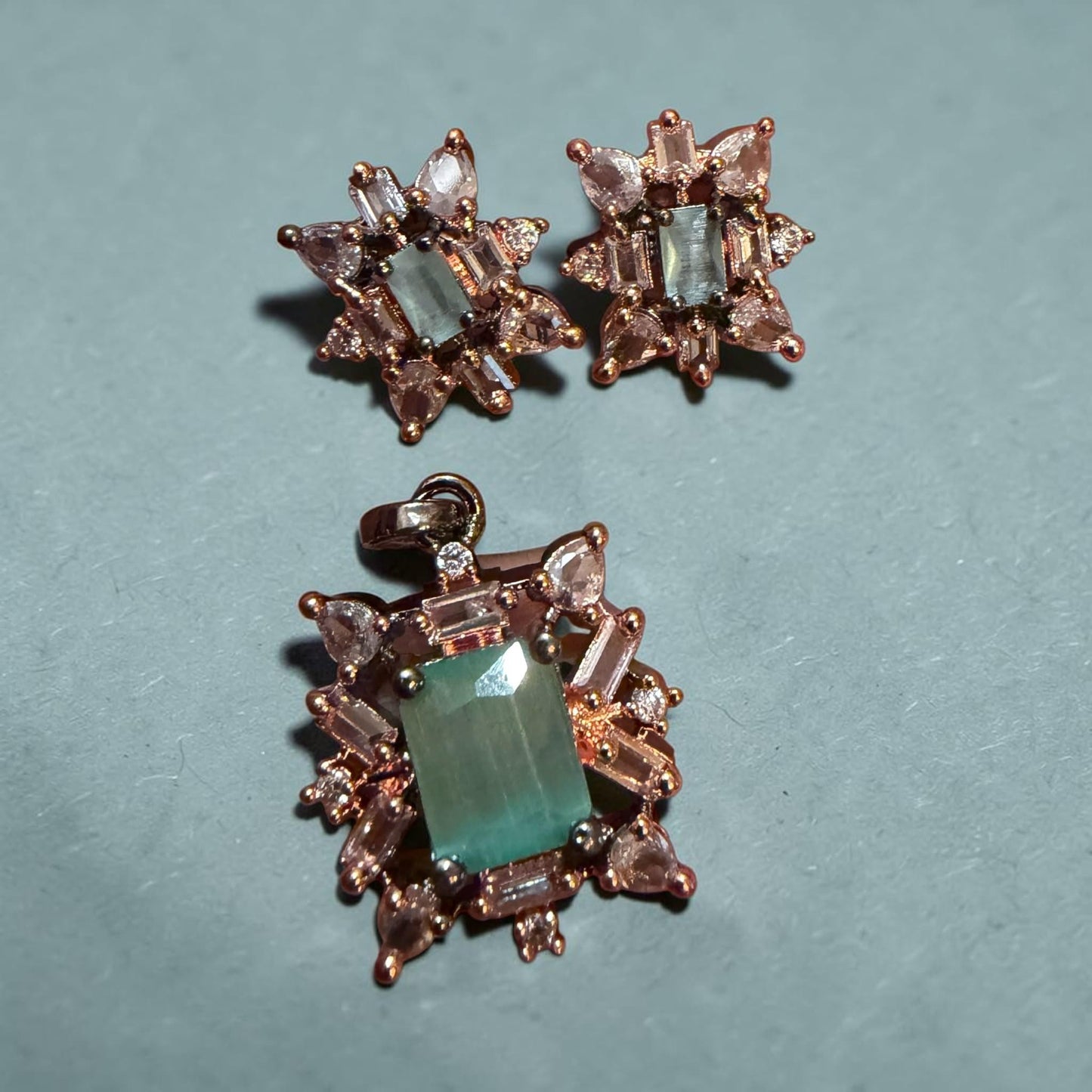 Mint Green Jewelry Set, Pendant Necklace and Stud Earrings Set, with chain Rose Gold Statement