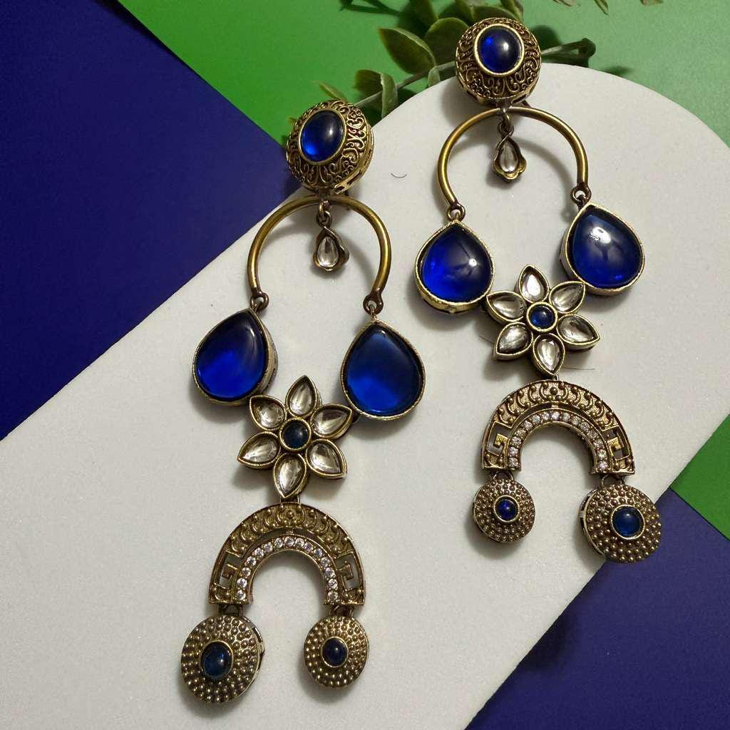 Royal Blue Boho Statement Earrings Vintage Floral Drop Earrings Ethnic Designer Earrings