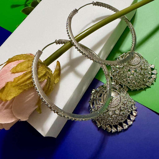 Silver Hoop Jhumka Earrings Luxury CZ Statement Earrings Oversized Designer Chandbali