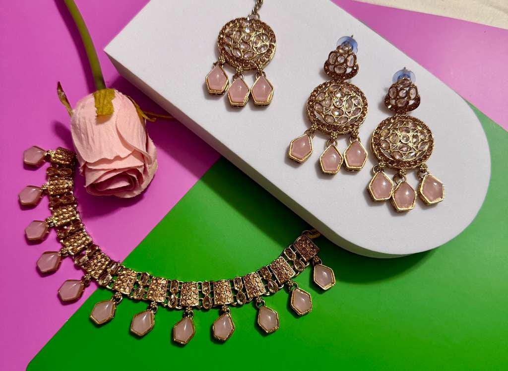 Pink Kundan Choker Set with Matching Earrings Rose Gold Bridal Jewelry Set Pastel Wedding Necklace
