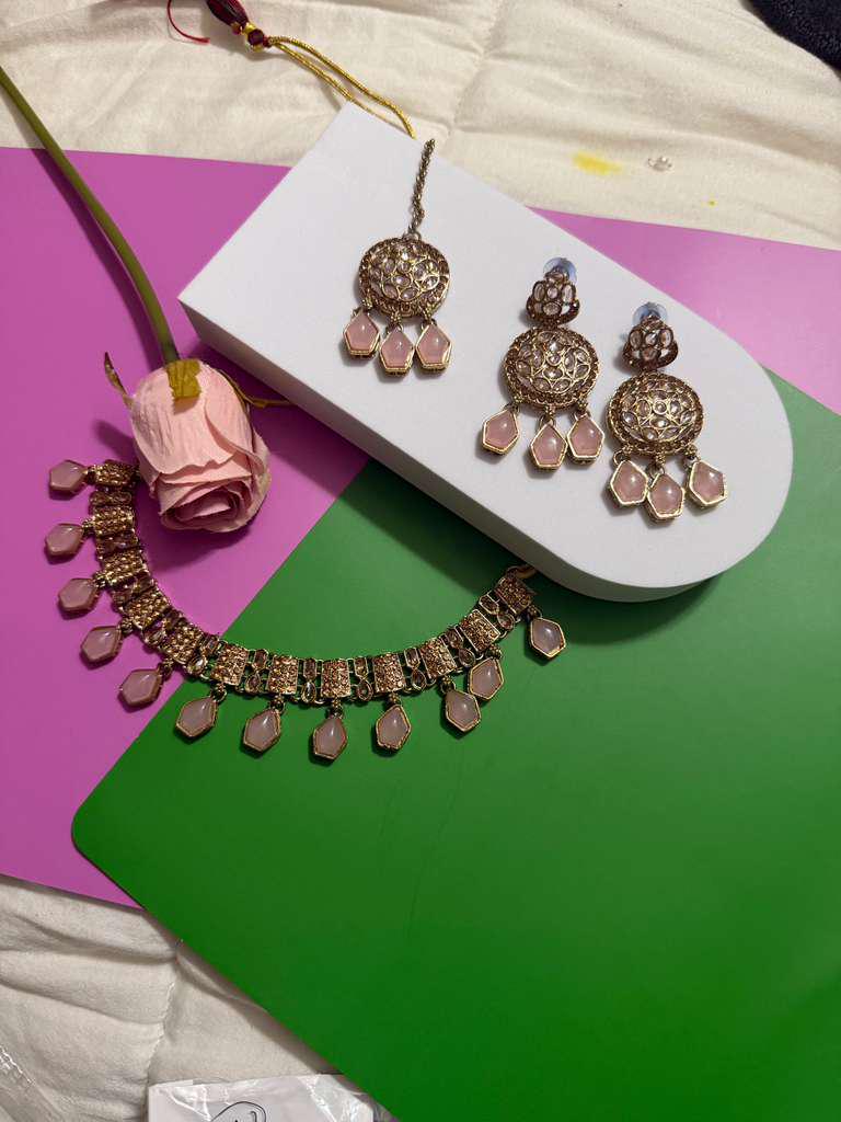 Pink Kundan Choker Set with Matching Earrings Rose Gold Bridal Jewelry Set Pastel Wedding Necklace
