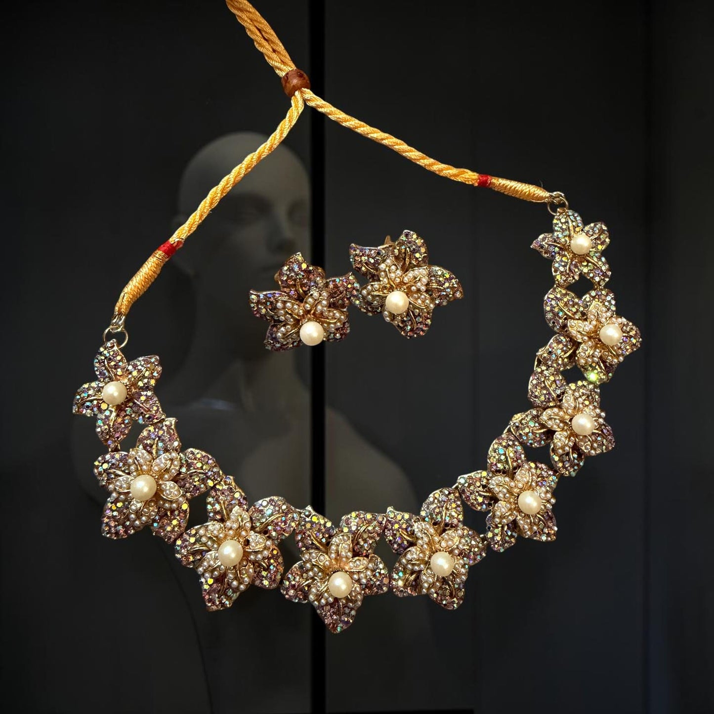 Floral Pearl Statement Choker Set, Crystal Flower Necklace Set, Bridal Jewelry Set