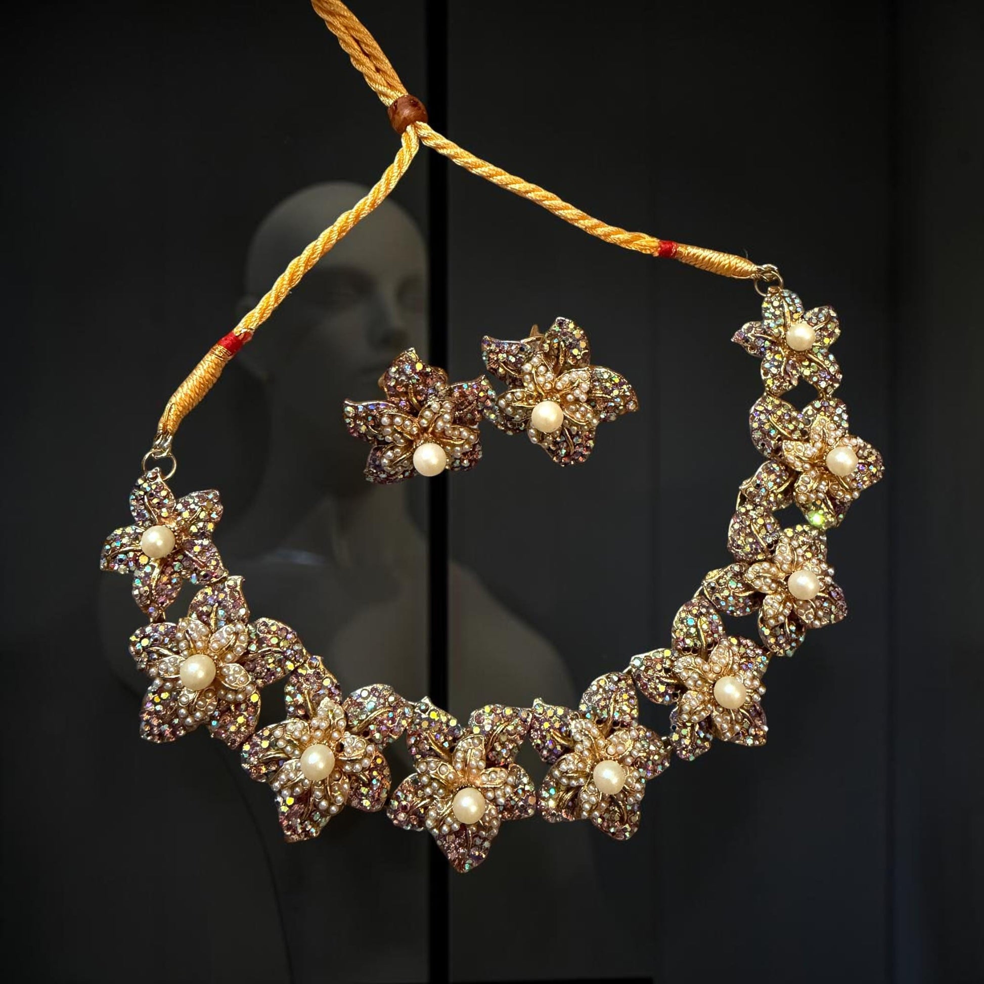 Floral Pearl Statement Choker Set, Crystal Flower Necklace Set, Bridal Jewelry Set