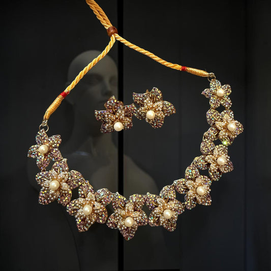 Floral Pearl Statement Choker Set, Crystal Flower Necklace Set, Bridal Jewelry Set