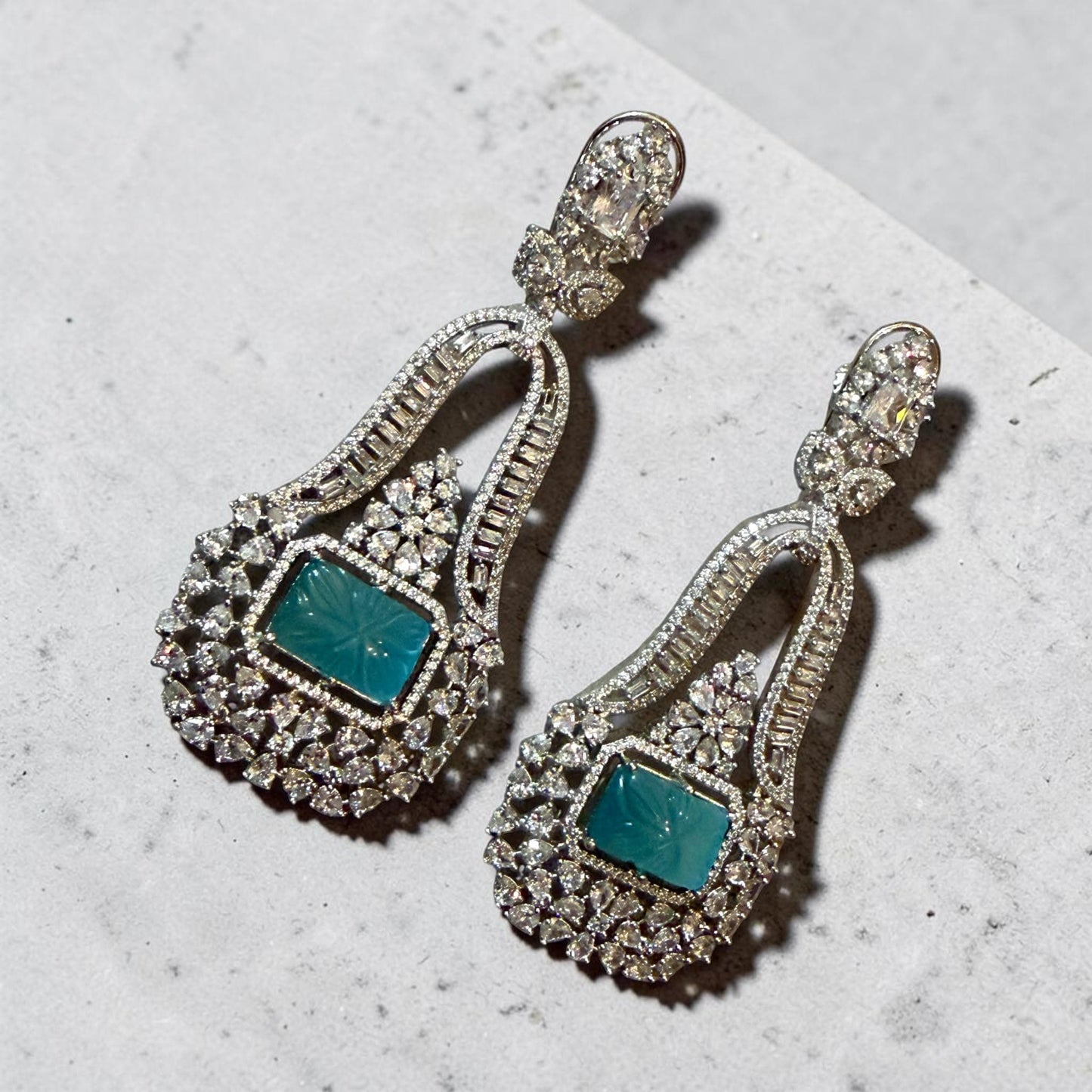 Turquoise American daimond Statement Earrings, Art Deco Drop Earrings, Blue Stone