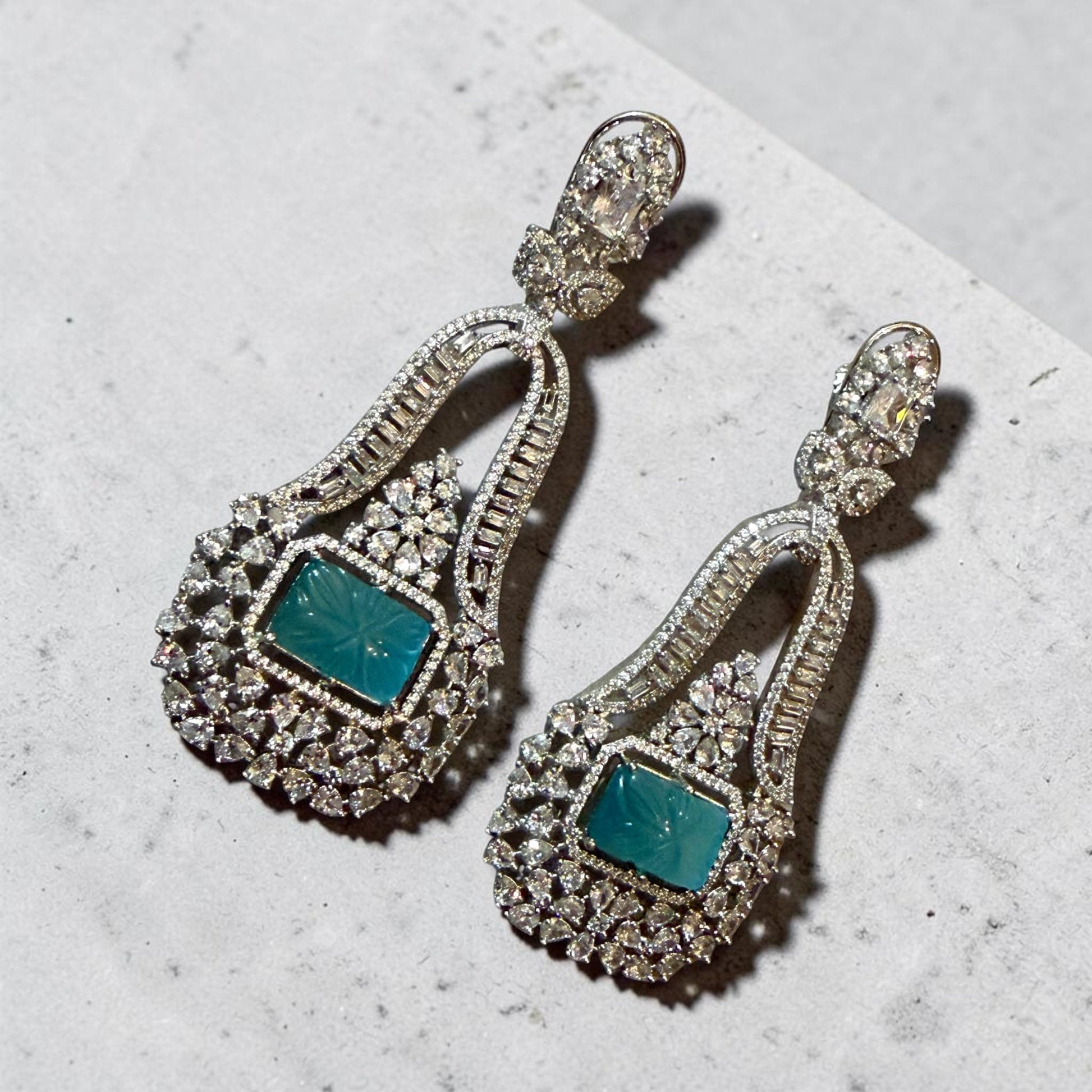 Turquoise American daimond Statement Earrings, Art Deco Drop Earrings, Blue Stone