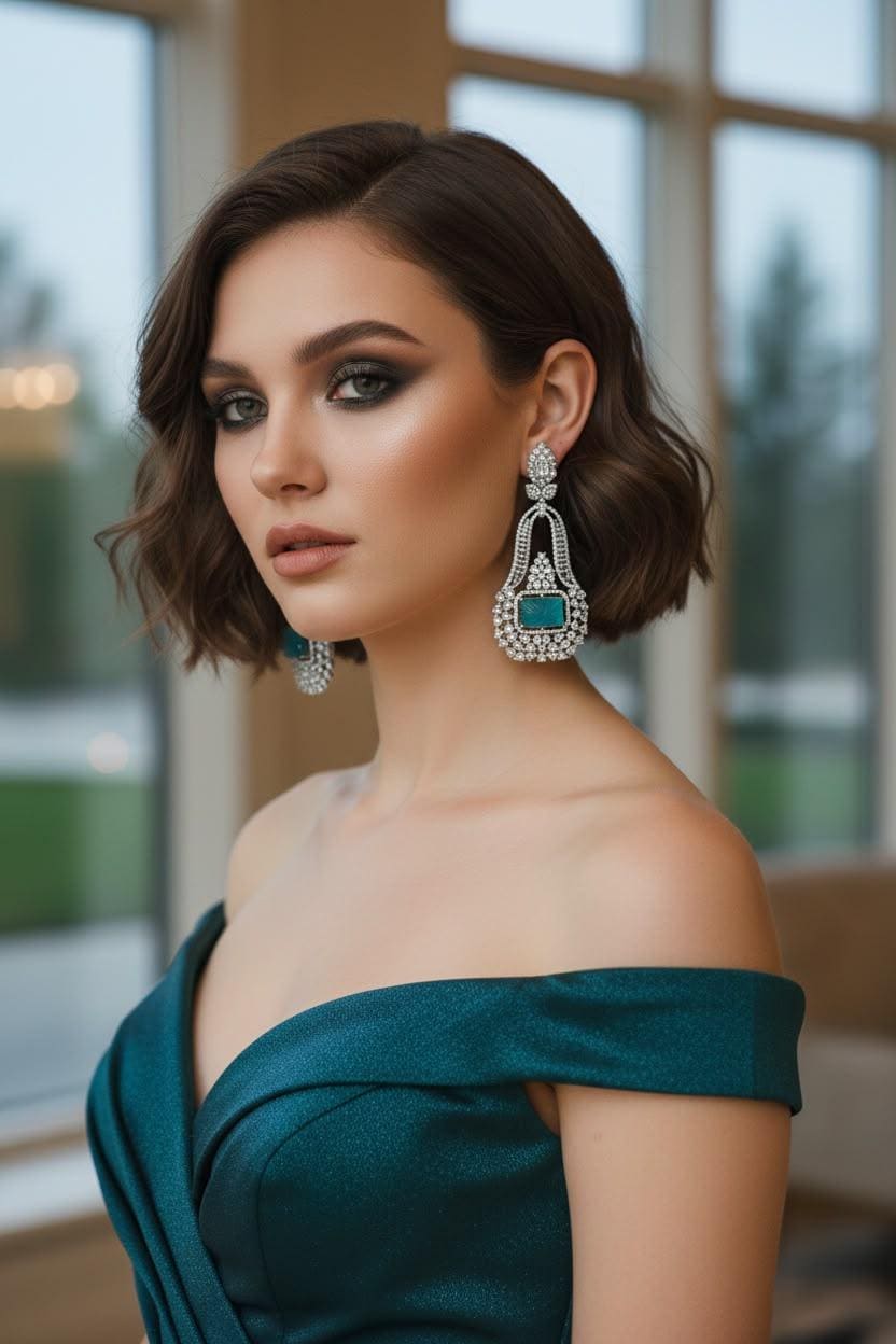 Turquoise American daimond Statement Earrings, Art Deco Drop Earrings, Blue Stone