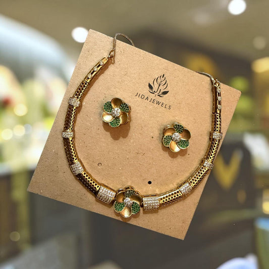 Green Floral Necklace Set, Statement Flower Jewelry Set With Studs
