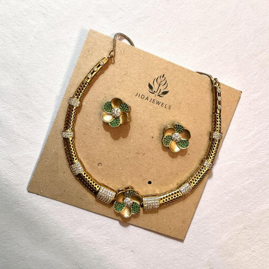 Green Floral Necklace Set, Statement Flower Jewelry Set With Studs
