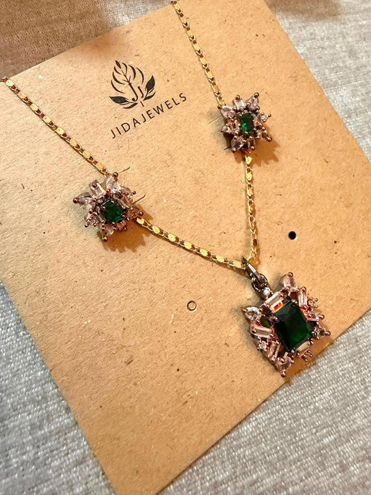 Emerald Green Minimalist Jewelry Set, Crystal Pendant Necklace Set, Matching Stud Earrings