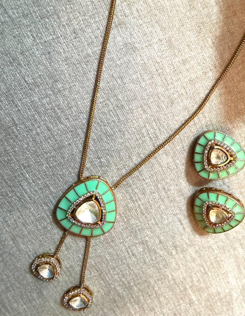 Mint Green Pendant Necklace Set with Matching Earrings, Geometric Statement