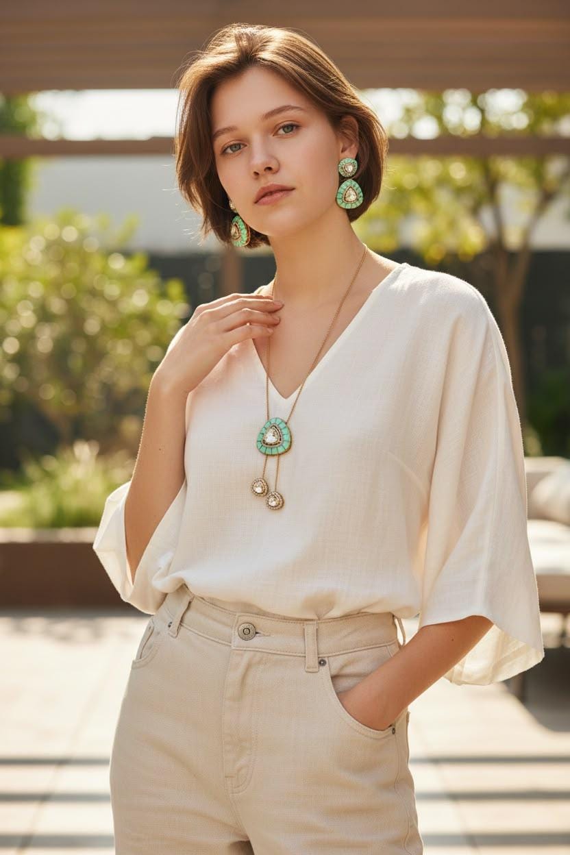 Mint Green Pendant Necklace Set with Matching Earrings, Geometric Statement