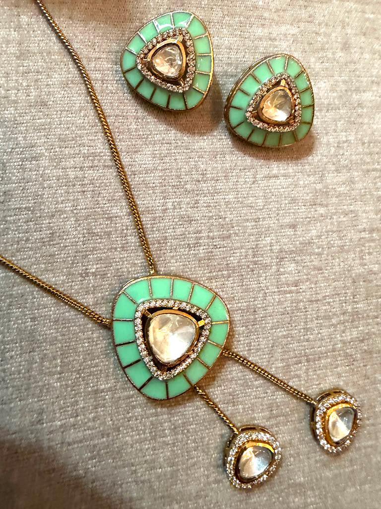 Mint Green Pendant Necklace Set with Matching Earrings, Geometric Statement
