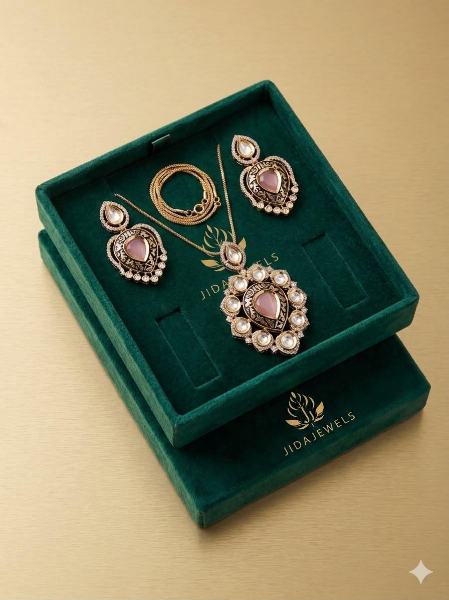 Pink Teardrop Pendant Necklace Set with Matching Earrings, Gold Tone Statement