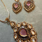 Pink Teardrop Pendant Necklace Set with Matching Earrings, Gold Tone Statement