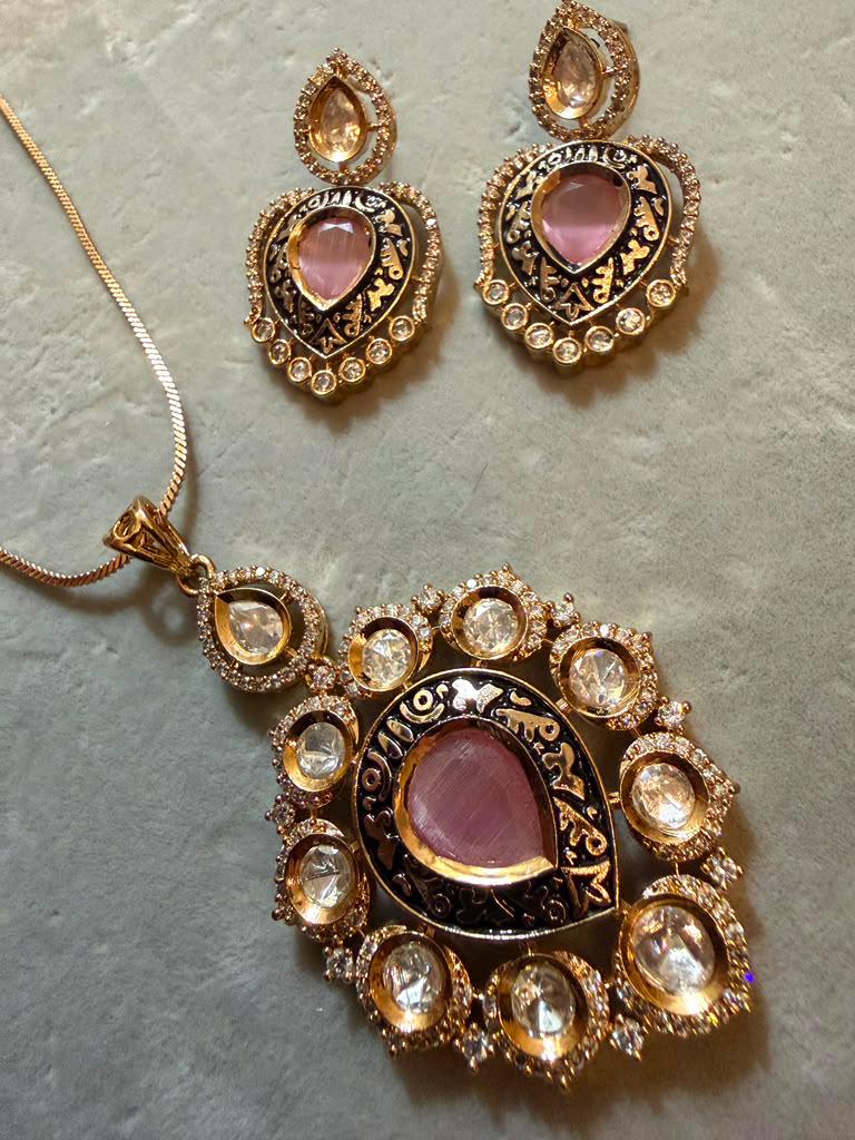 Pink Teardrop Pendant Necklace Set with Matching Earrings, Gold Tone Statement