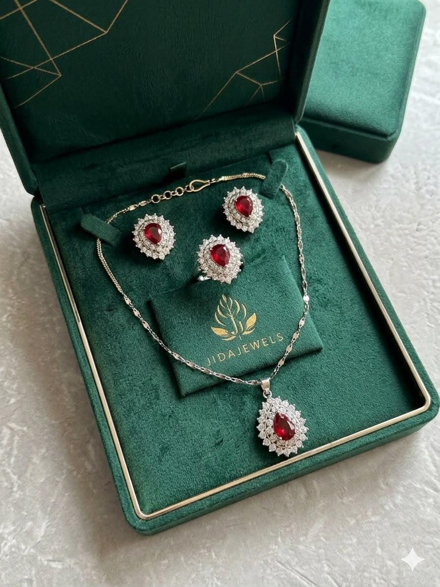 Ruby Red Teardrop Jewelry Set, Bridal Necklace Earrings Ring