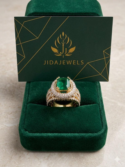 Emerald Green Statement Ring, Cut Cocktail , Crystal Halo Ring, Gold Tone Adjustable