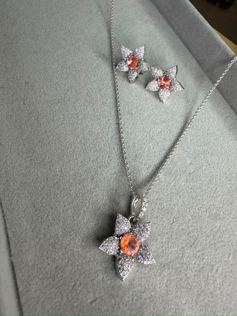 Silver Tone Flower Jewelry Set, Peach Floral Necklace and Earrings Set, Elegant Statement , Gift for Her