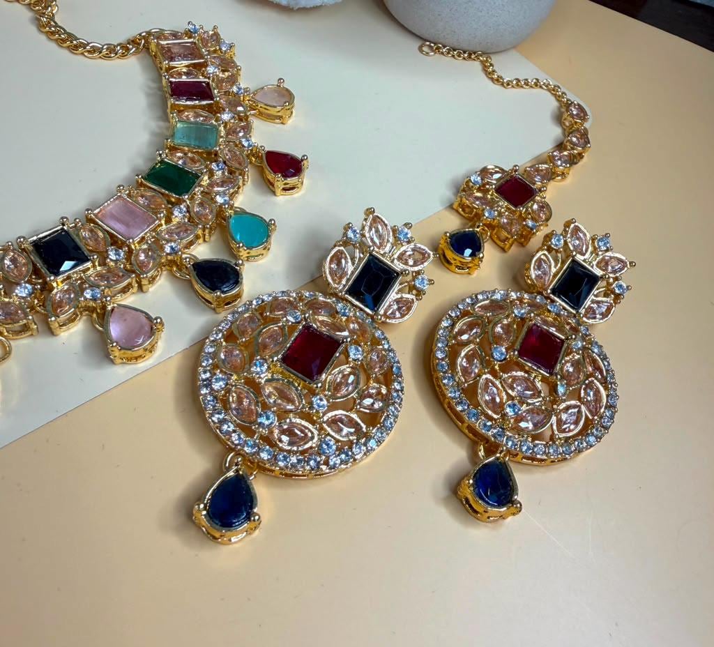 Multicolor Statement Jewelry Set, Gold Tone Necklace and Earrings Set, Colorful Pendant