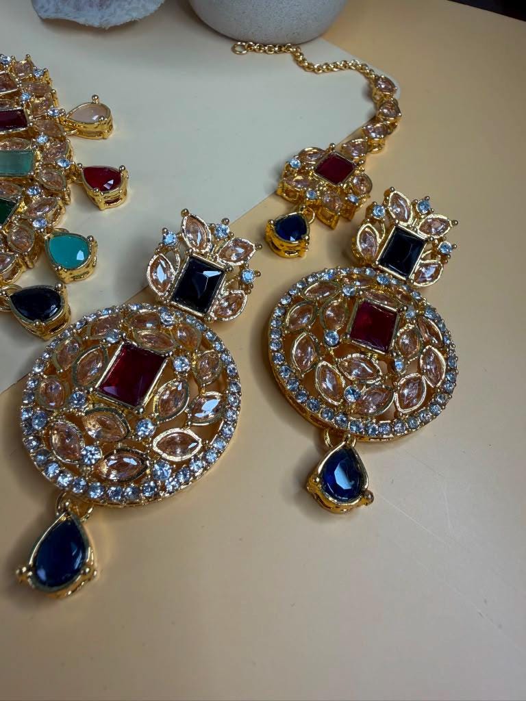 Multicolor Statement Jewelry Set, Gold Tone Necklace and Earrings Set, Colorful Pendant
