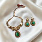 Vintage Gold Tone Green Pendant Necklace Set, Matching Earrings, Statement Jewelry, Elegant Party Wear